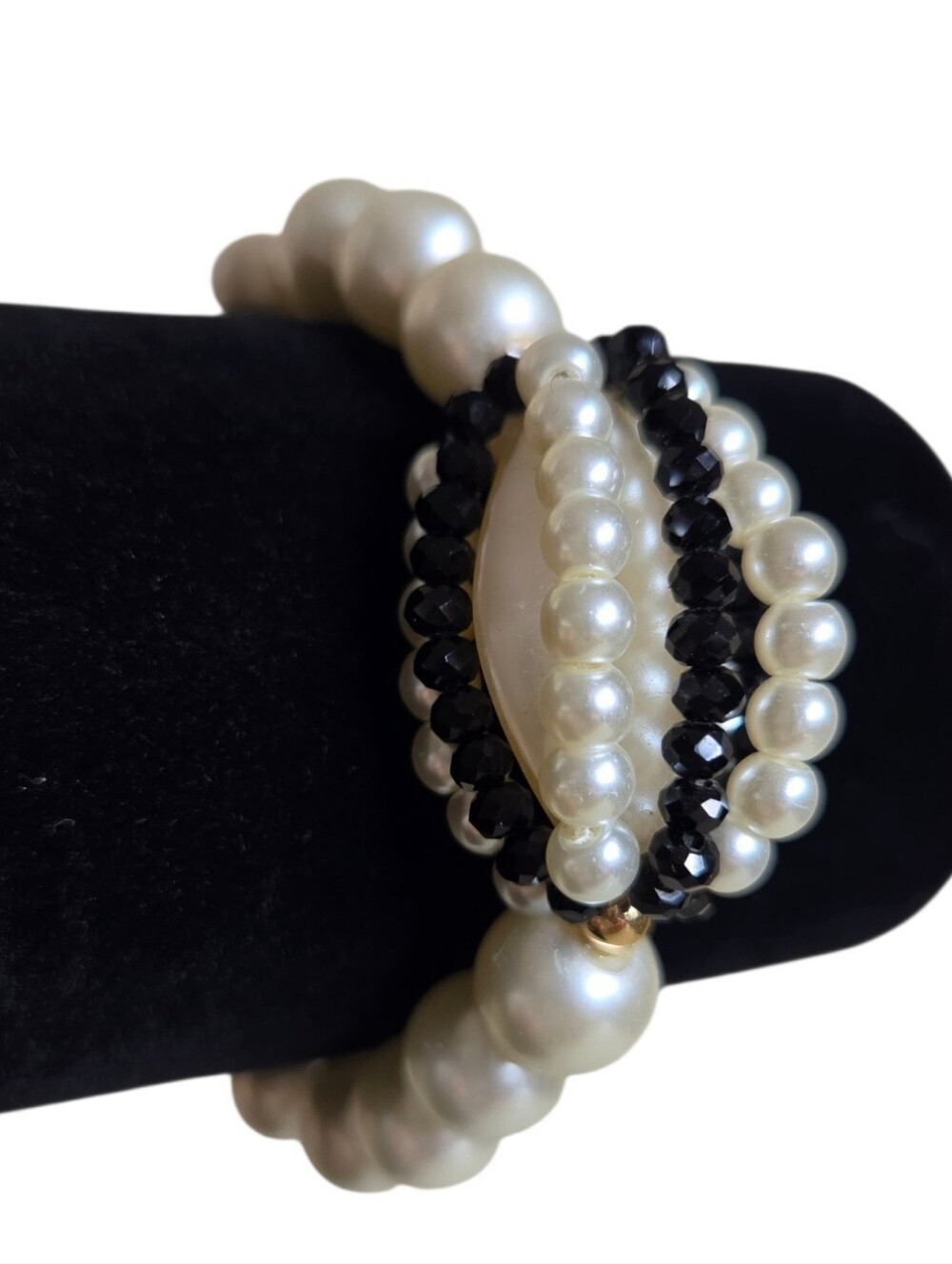 chunky faux pearl stretch bracelet 3d beaded cage melon bead black crystal